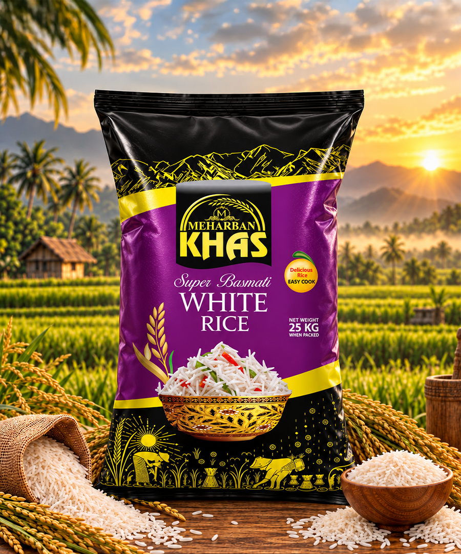 Meharban Khas Super Basmati White Rice – Selected Long Grain Rice | 25 KG