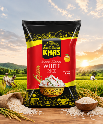 Meharban Khas Kainat Basmati White Rice – Fine Long Grain Rice | 25 KG