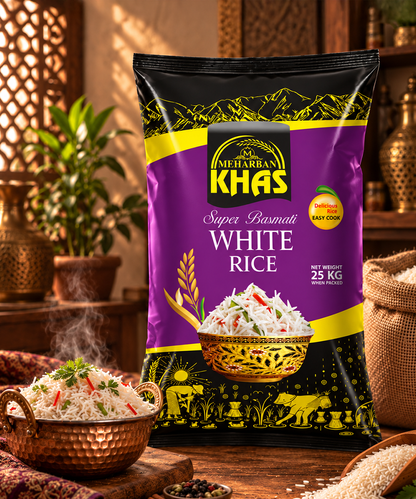 Meharban Khas Super Basmati White Rice – Selected Long Grain Rice | 25 KG