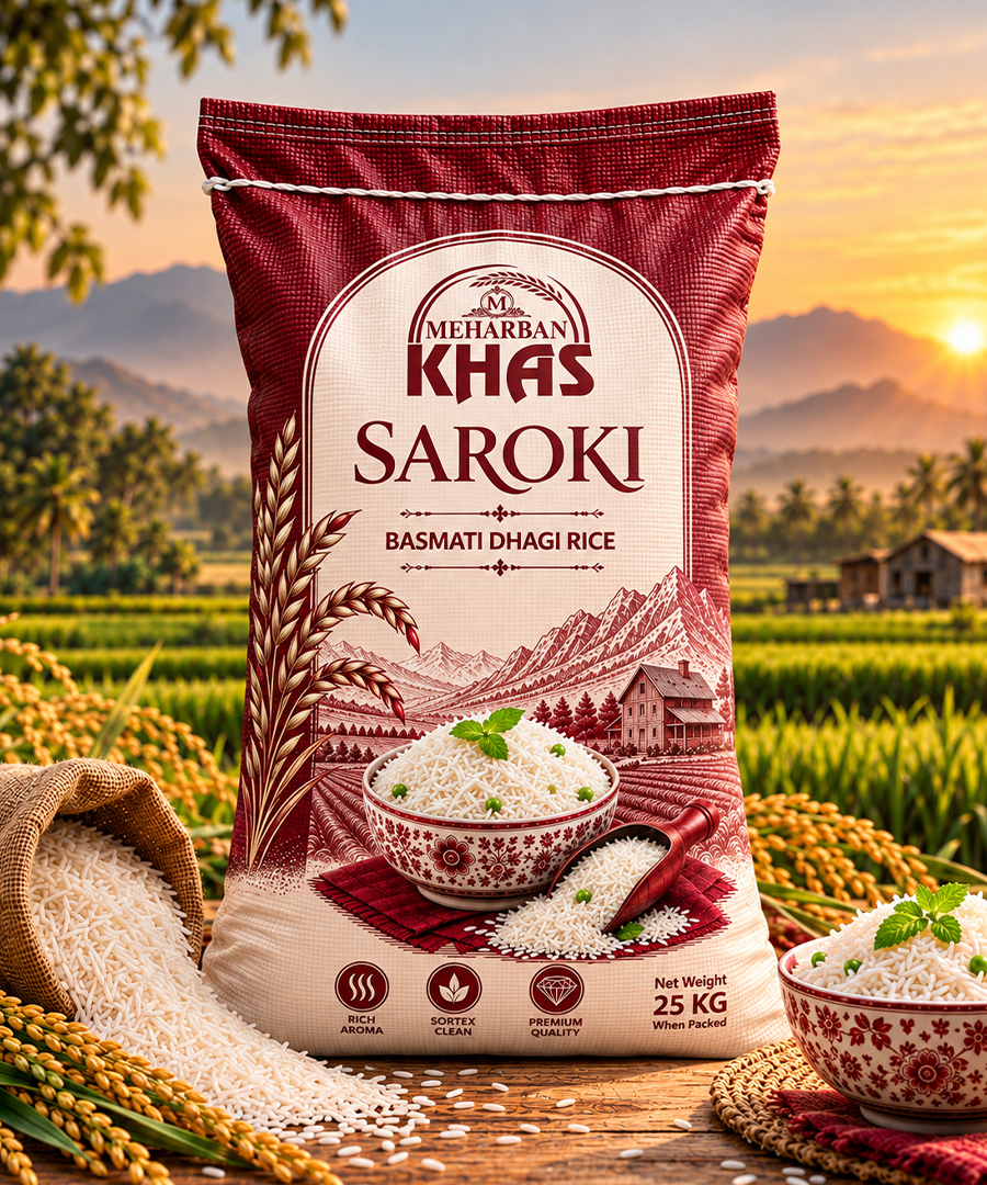 Meharban Khaas Saroki Premium Basmati Dhagi Rice – Rich Aroma & Sortex Clean | 25 KG