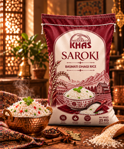 Meharban Khaas Saroki Premium Basmati Dhagi Rice – Rich Aroma & Sortex Clean | 25 KG